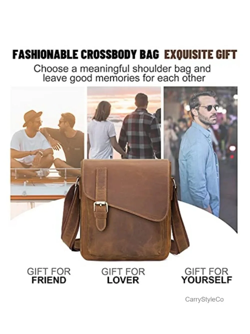 Men's Leather Messenger Crossbody Bag for Tablet, Anti-Theft Back Pocket,